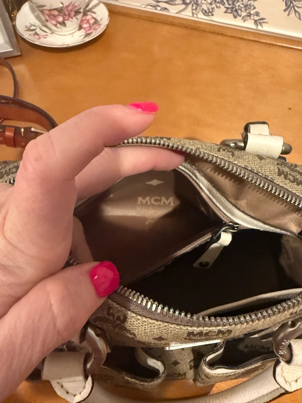 MCM Beige Monogram Mini Satchel with White Trim - Picture 7 of 10